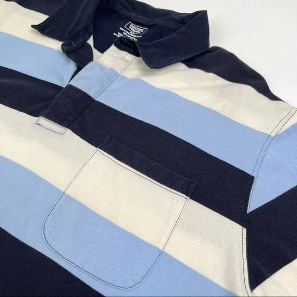 DENVER Hayes Navy Blue & Cream Wide Striped Pocket Collar Soft Short Sleeve Polo - Picture 4 of 5
